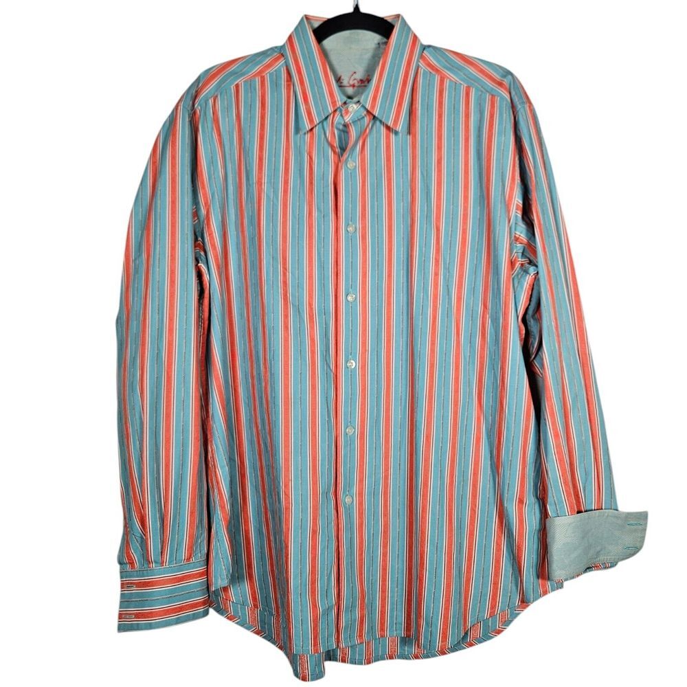 Robert Graham Shirt Mens L Multicolor Striped Button Up Flip Cuff Preppy Office‎